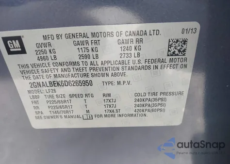 2013 Chevrolet Equinox Ls from USA, damaged, VIN 2GNALBEK6D6265950